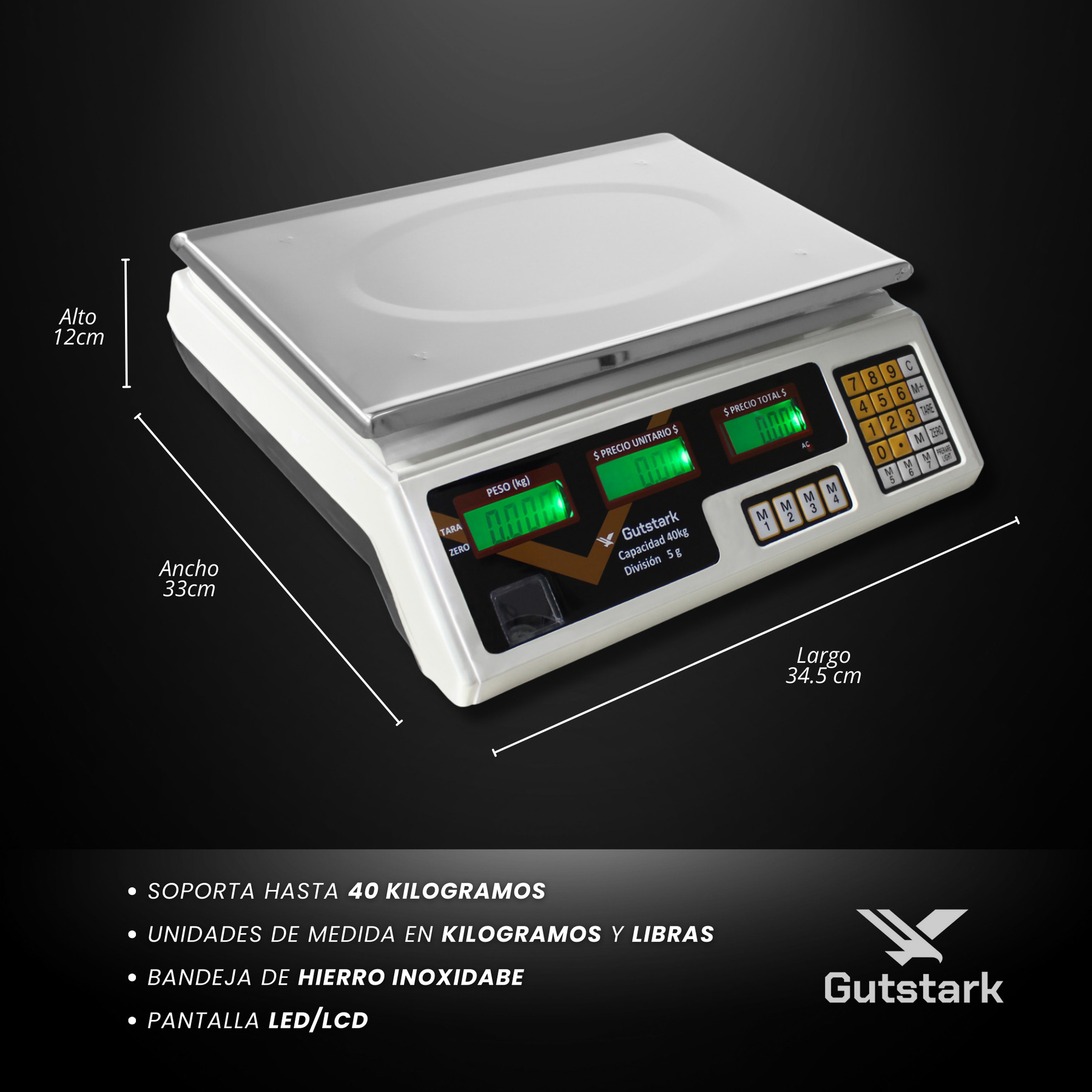 Bascula Comercial Digital 40kg 110v/220v Inalambrica 34.5 cm x 24 cm