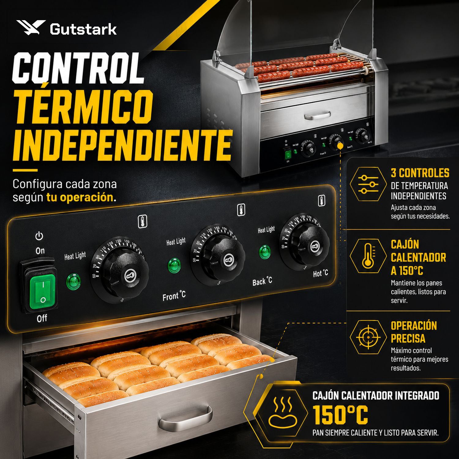 Maquina Hot Dogs Compartimiento Pan 16 Salchichas 9 Rodillos