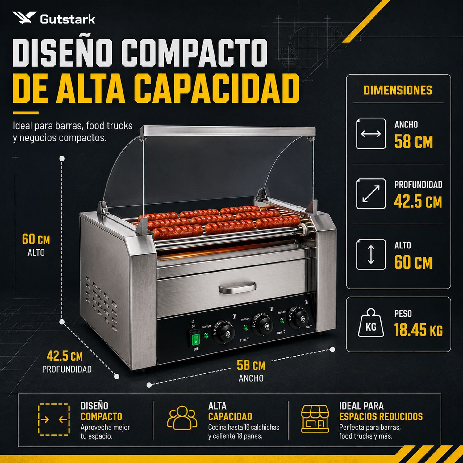 Maquina Hot Dogs Compartimiento Pan 16 Salchichas 9 Rodillos
