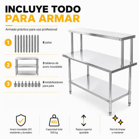 Mesa Trabajo Repisa Acero Inoxidable Ajustable 110x60x131.5