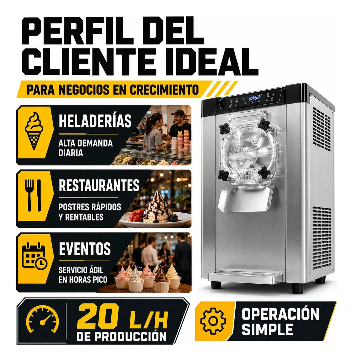 Máquina Helado Duro 20 Litros Por Hora Uso Comercial Acero Inoxidable 2000w