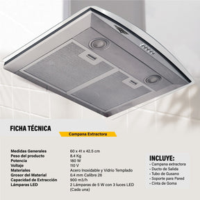 Combo Parilla Inoxidable 4 Quemadores Campana Cristal 60cm