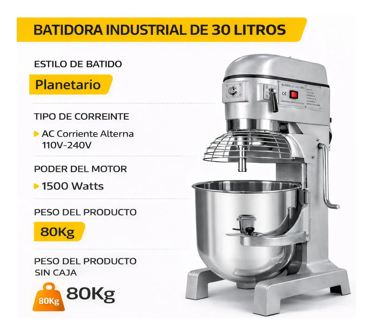Batidora Industrial 30lts 3 Velocidades 1500w Acero Inoxidable