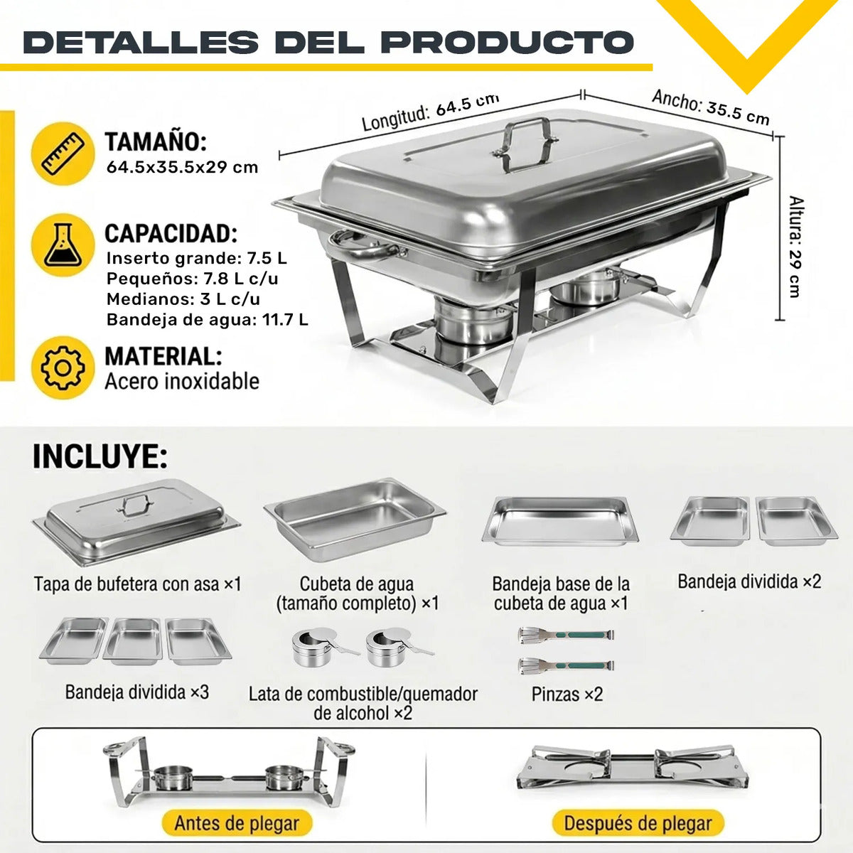 Bufetera Chafer 44l Chafing Dish 4pz Acero Inoxidable Buffet