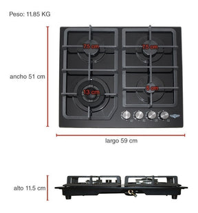 Parrilla Gas Cristal Templado 4 Quemadores Estufillas Hogar