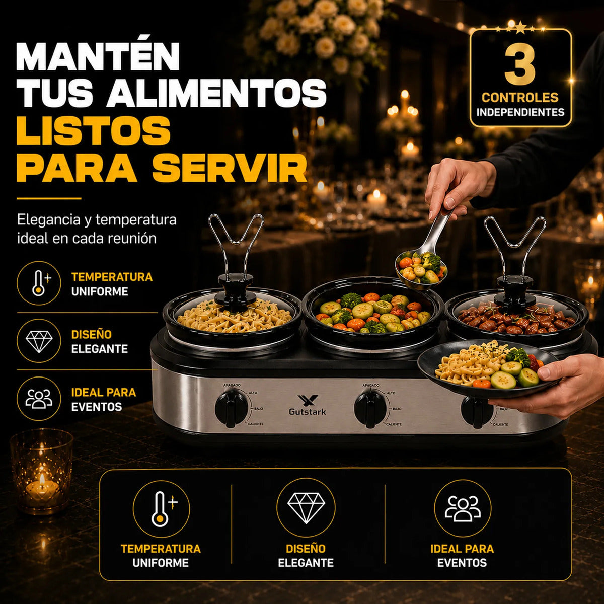 Bufetera Eléctrica 3 Insertos 1l Cerámica Tapa Vidrio