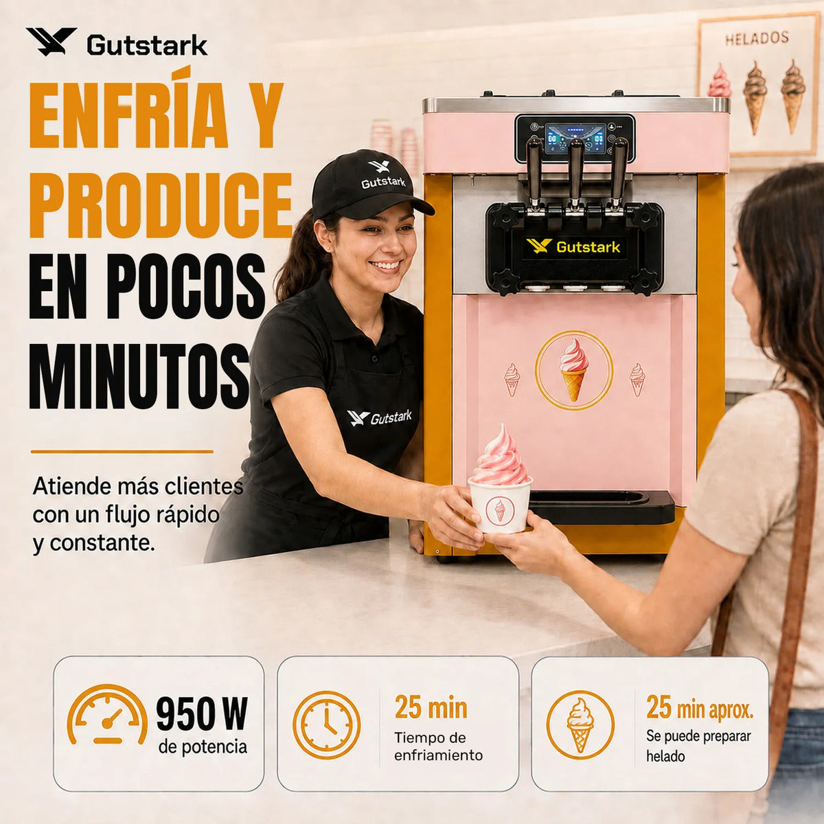 Maquina Helado Suave Mostrador 28l/h 3 Salidas 950w