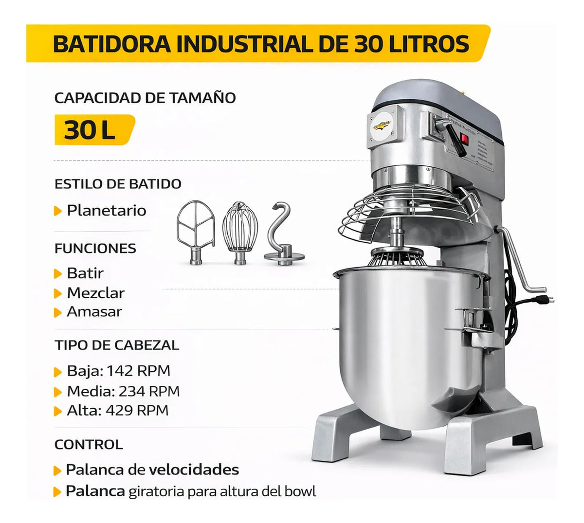 Batidora Industrial 30lts 3 Velocidades 1500w Acero Inoxidable
