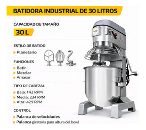 Batidora Industrial 30lts 3 Velocidades 1500w Acero Inoxidable