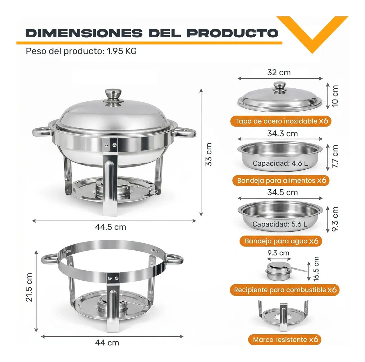 Bufetera Redonda 27l Chafing Dish 6pz Acero Inox Buffet