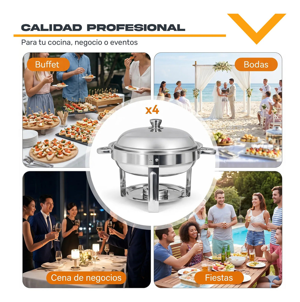 Bufetera Redonda 30l Chafing Dish 4pz Acero Inox Buffet