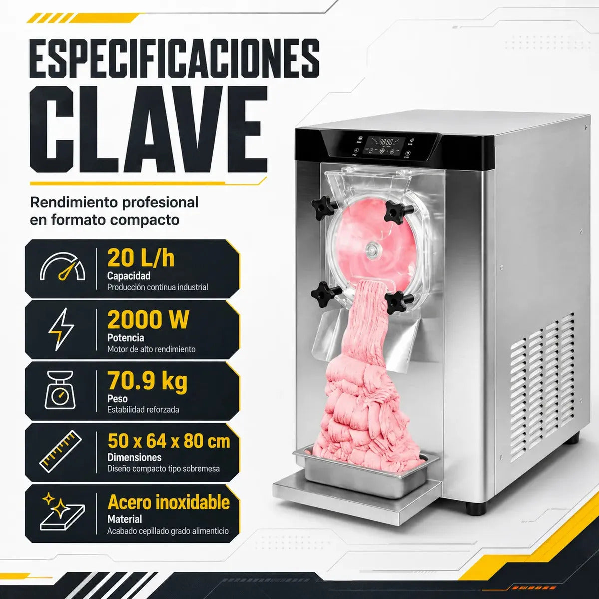 Máquina Helado Duro 20 Litros Por Hora Uso Comercial Acero Inoxidable 2000w