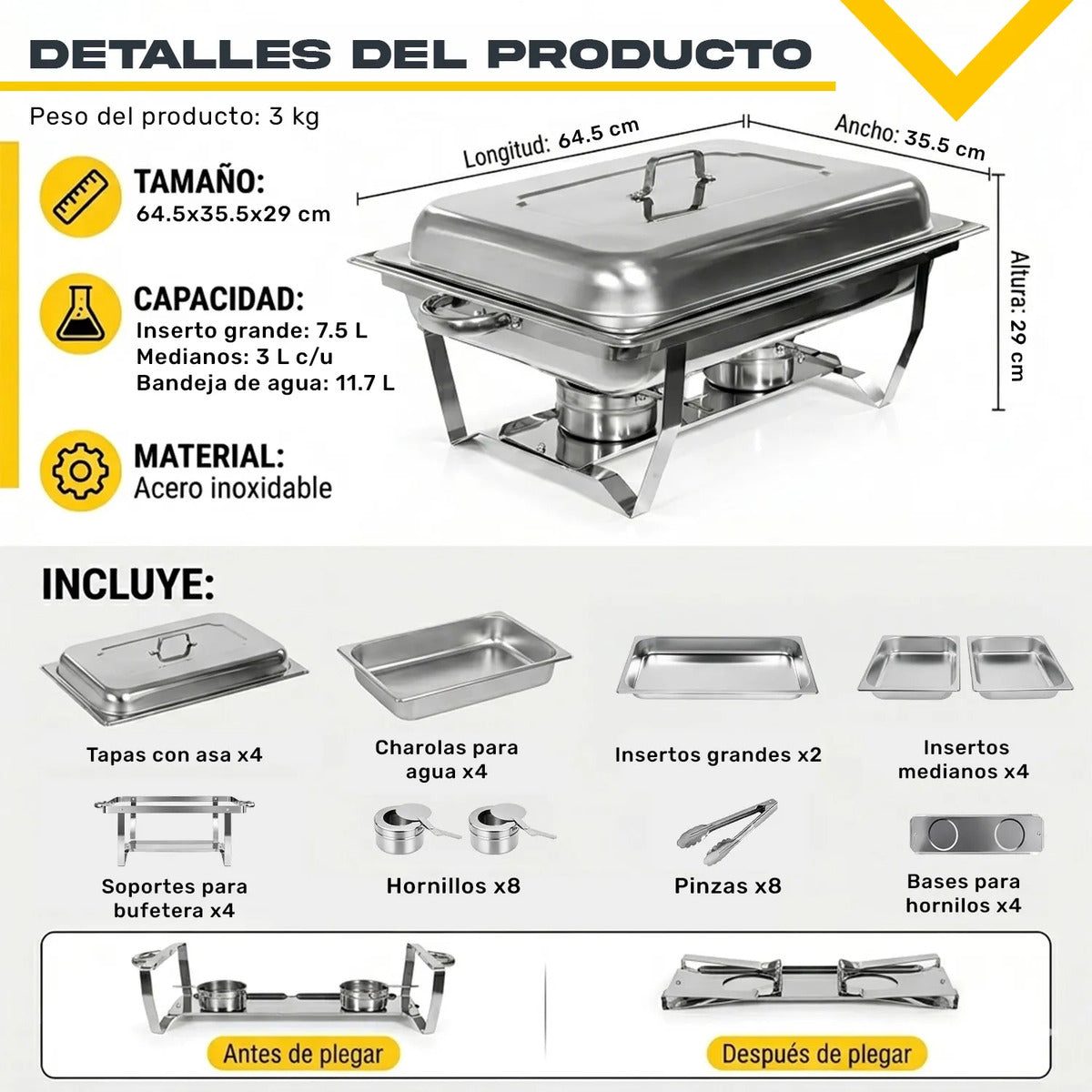 Bufetera Chafer 44l Chafing Dish 4 Pzs Acero Inoxidable