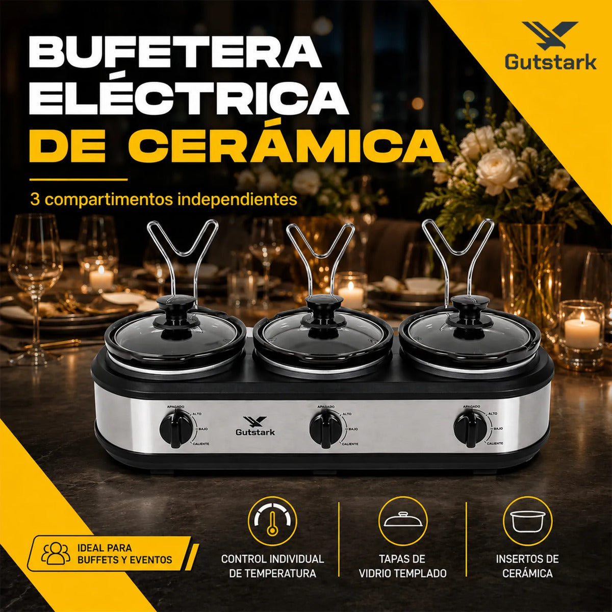 Bufetera Eléctrica 3 Insertos 1l Cerámica Tapa Vidrio