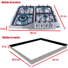 Parrilla de Gas Empotrable 4 Quemadores Acero Inoxidable