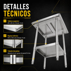 Mesa Isla Trabajo Acero Inoxidable Pasteur 60x60x90