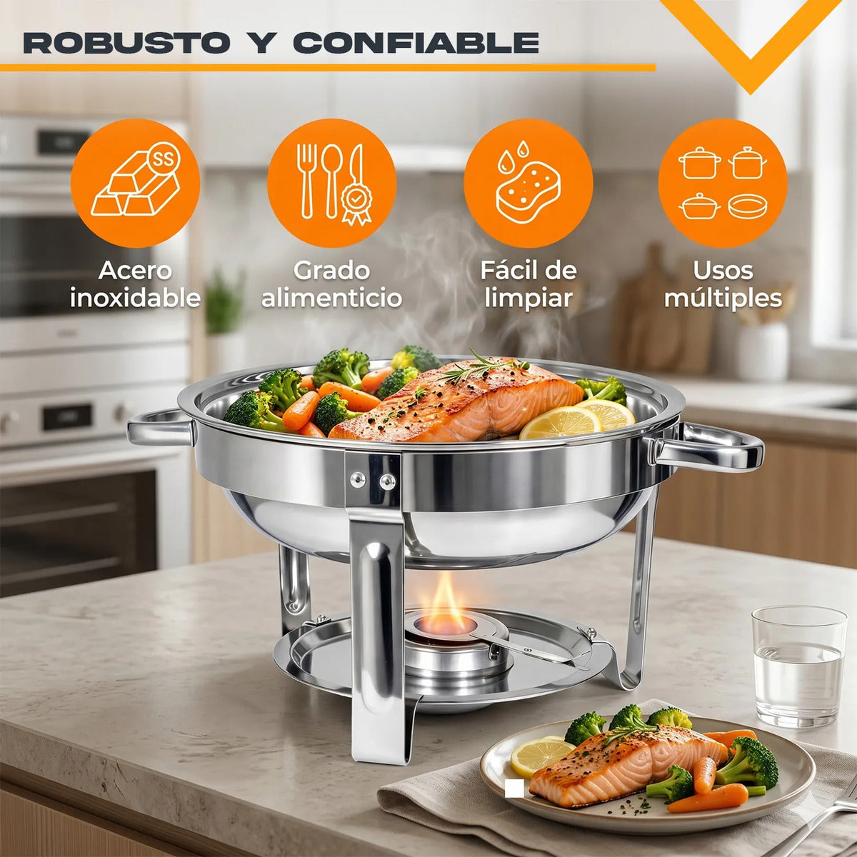 Bufetera Redonda 30l Chafing Dish 4pz Acero Inox Buffet