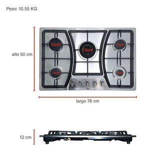 Parrilla Estufa Gas Lp Natural 5 Quemadores 76 cm en Acero Inoxidable y quemador central