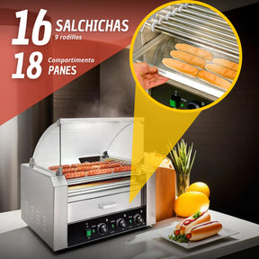 Maquina Hot Dogs Compartimiento Pan 16 Salchichas 9 Rodillos