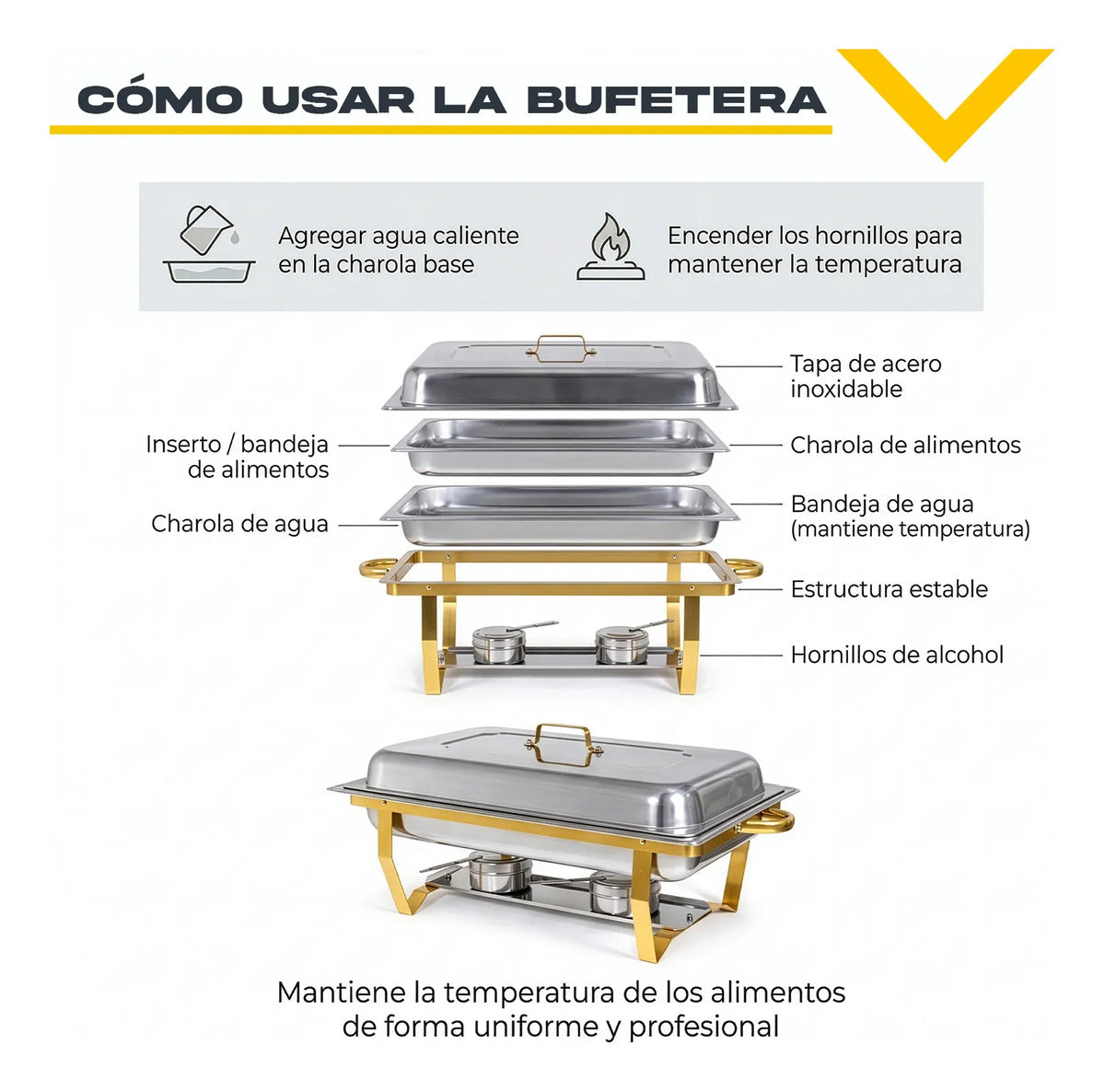 Bufetera 44l Chafing Dish 4pz Acero Inoxidable Vaporera Chef