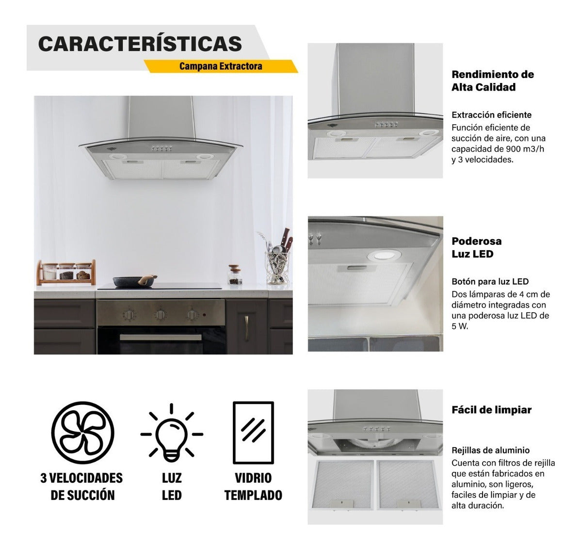 Combo Parilla Inoxidable 4 Quemadores Campana Cristal 60cm