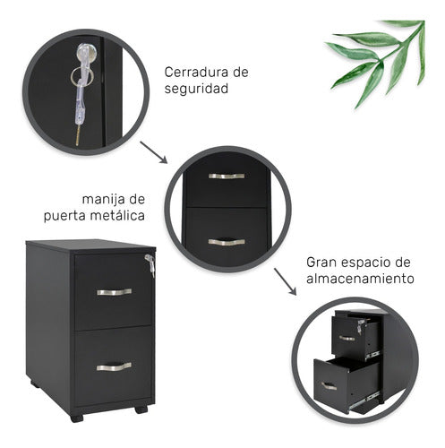 Archivero Metálico 2 Gavetas Carta Para Oficina Ruedas 360° Color Negro