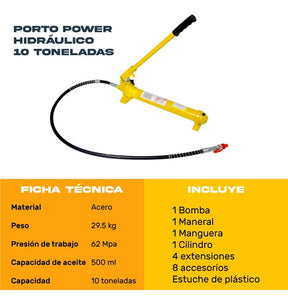 Porto Power Hidraulico Automotriz 10ton Estuche 16 Piezas