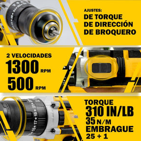 Taladro Rotomartillo Percutor Inalambrico 1/2'' 1300RPM 300W C/2batería 69pz
