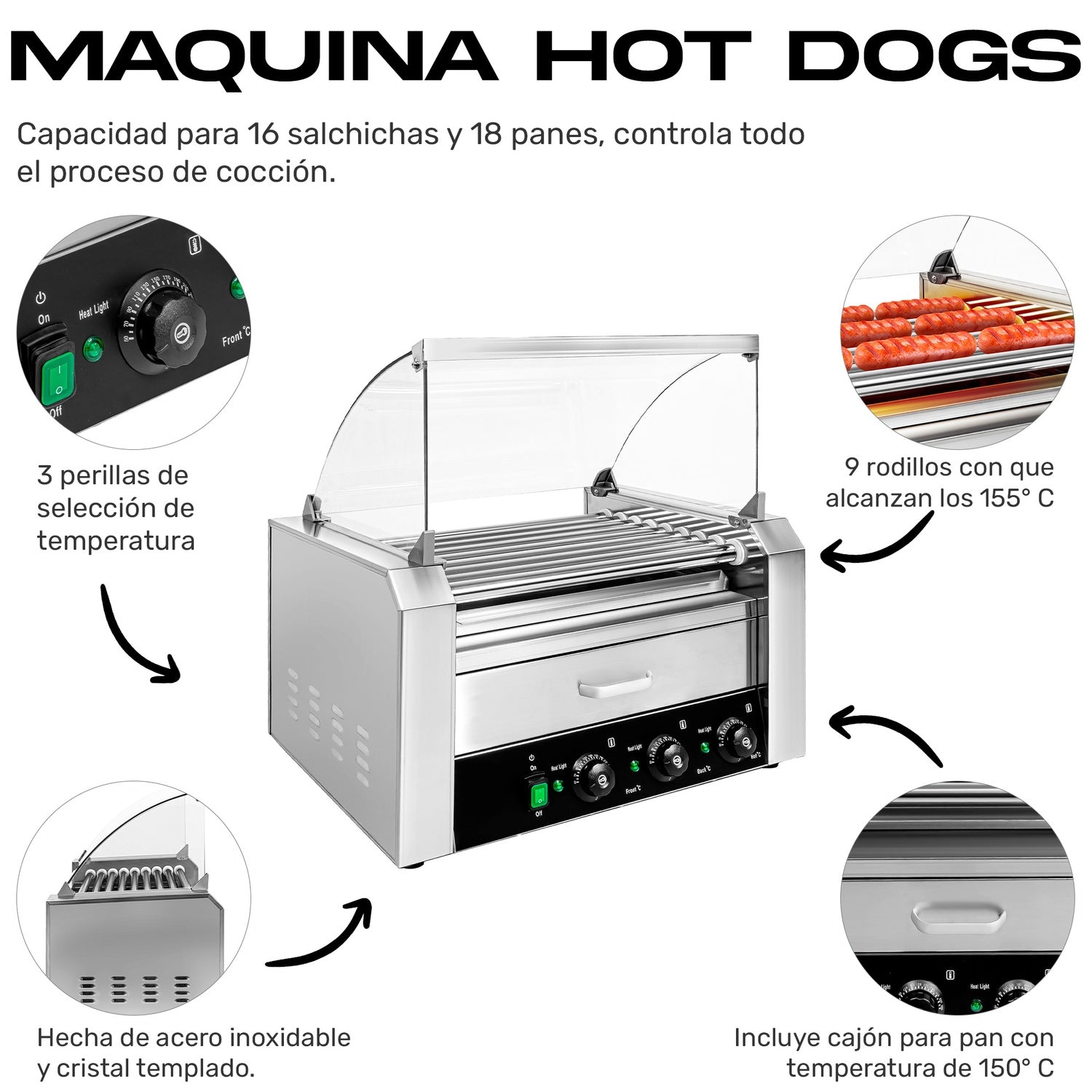 Maquina Hot Dogs Compartimiento Pan 16 Salchichas 9 Rodillos