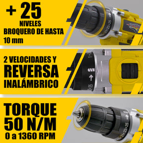 Taladro Atornillador Inalambrico 1360RPM 26pz + Extensor Desatornillador