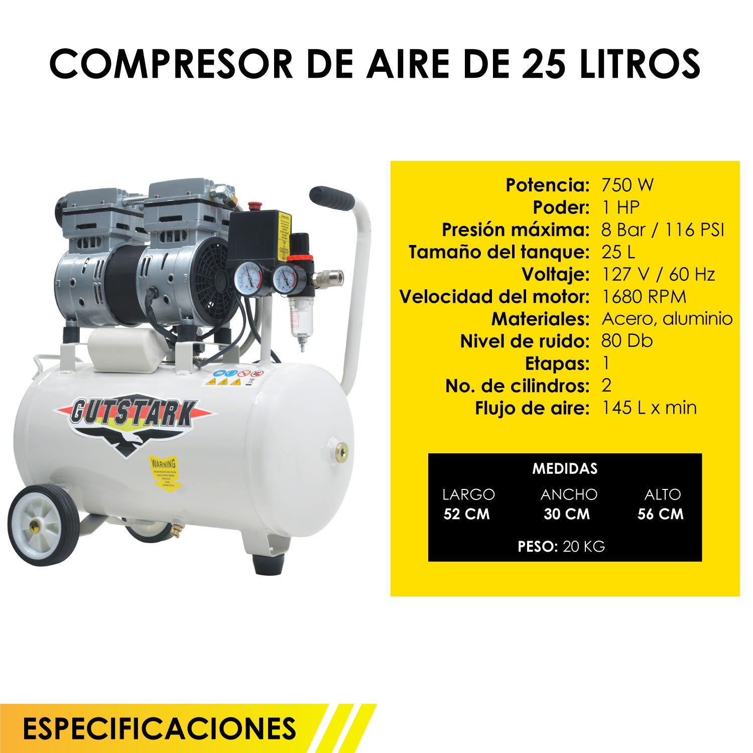 Compresor Aire Electrico Portatil 25 L 127v 1hp 2 Pistones