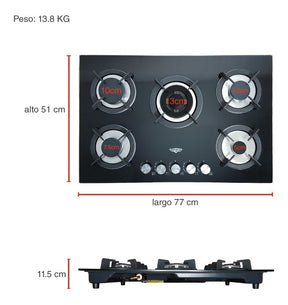 Parrilla de Gas Empotrable 5 Quemadores Cristal Templado