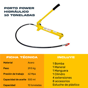 Porto Power Hidraulico Automotriz 10ton Estuche 16 Piezas